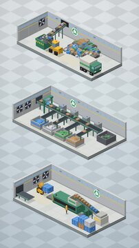 Isometric recycling plant with conveyor belts, optical waste sorting into color bins, baler and forklift, flat vector seamless loop in soft gray tones vertical 9:16