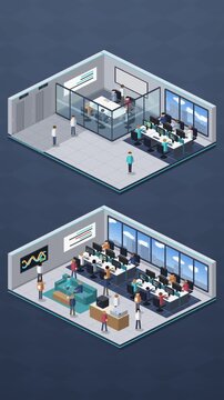 Isometric office floor seamless loop, people working at desks, walking aisles, glass meeting room and elevator doors opening, flat vector illustration in vibrant blue tones vertical 9:16