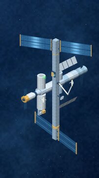 Isometric space station orbiting in a starfield, rotating solar panels, cargo spacecraft docking and astronauts on a spacewalk, flat vector illustration, seamless loop in calm blue tones vertical 9:16