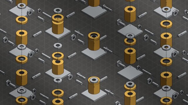 Isometric Exploded View of Machine Parts Separating and Reassembling, Flat Three Tone Seamless Loop in subtle grey tones