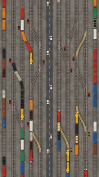 Top-down rail yard with freight trains switching tracks over crossovers, moving turnouts and changing signals, seamless loop in bright gray tones vertical 9:16