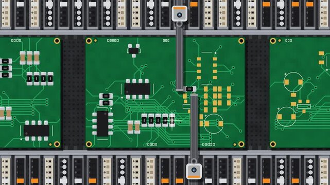 Top view of SMT pick and place machine placing chips and resistors on green PCB circuit boards on a conveyor, seamless loop in calm green tones