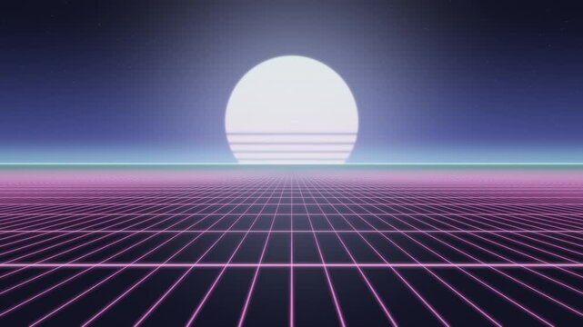 Retro 80s Synthwave Neon Grid and Sunset Horizon Seamless Loop in deep cyan tones