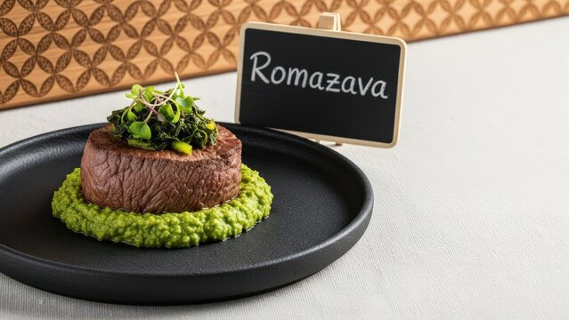 Gourmet Malagasy Romazava Beef Medallion and Anamalao Puree on Black Basalt with Chalkboard Sign and Copy Space