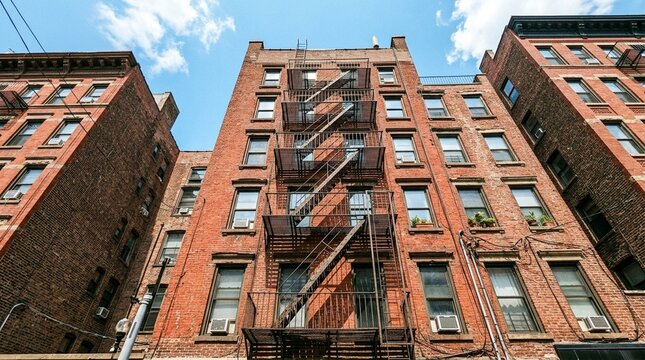 Old brick apartment buildings with fire escapes