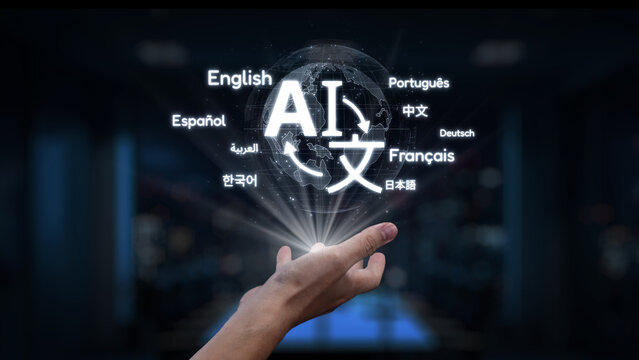 A hand reaches towards floating symbols of languages representing AI and communication, emphasizing the importance of translation technology in a connected world. Synapse