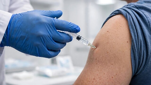 Medical Syringe Injection Administered by Healthcare Professional into Patient Arm for Vaccination Immunization and Clinical Treatment in Hospital