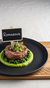 Gourmet Malagasy Romazava Beef Medallion and Anamalao Puree on Black Basalt with Chalkboard Sign and Copy Space