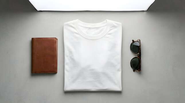 White t-shirt with leather wallet and sunglasses flat lay.