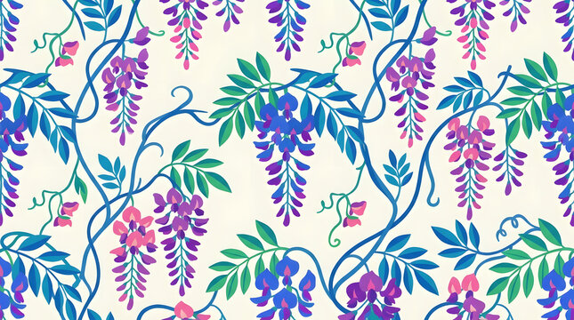 Purple wisteria floral pattern with green leaves.