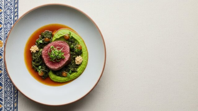 Gourmet Malagasy Romazava Beef Medallion with Anamalao Puree on Warm White Linen with Copy Space