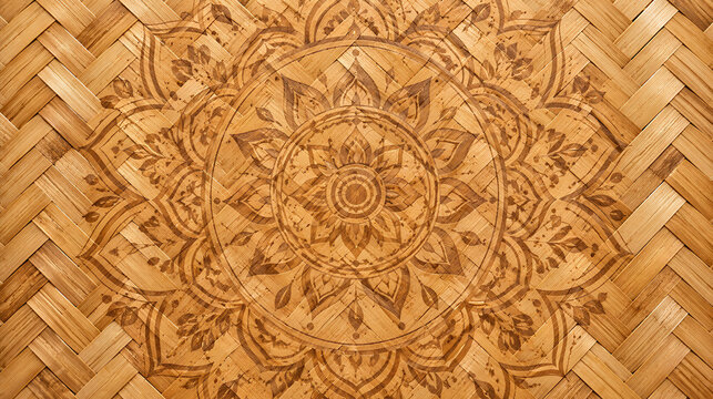 Background texture of woven golden bamboo strips with a subtle faded mandala pattern