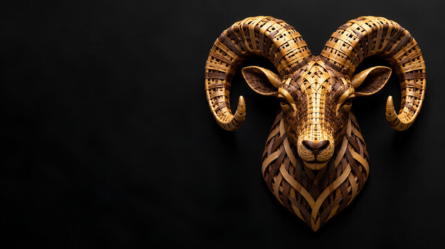 Intricate ram head wall art woven from dark mahogany and golden bamboo strips