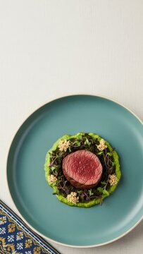 Gourmet Malagasy Romazava Beef Medallion with Anamalao Puree on Warm White Linen with Copy Space