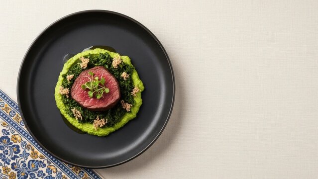 Gourmet Malagasy Romazava Beef Medallion with Anamalao Puree on Warm White Linen with Copy Space