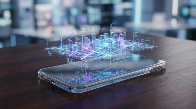 Smartphone displays holographic city map with glowing lights in a modern office