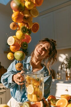 Young woman pouring assortment of citrus fruits into blender filled with lemon slices in sunlit noon