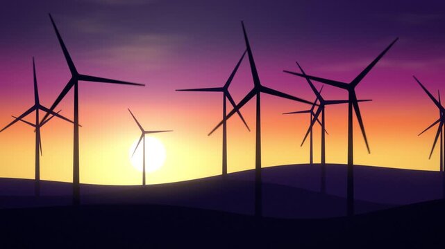 Seamless loop wind turbines at sunset renewable energy