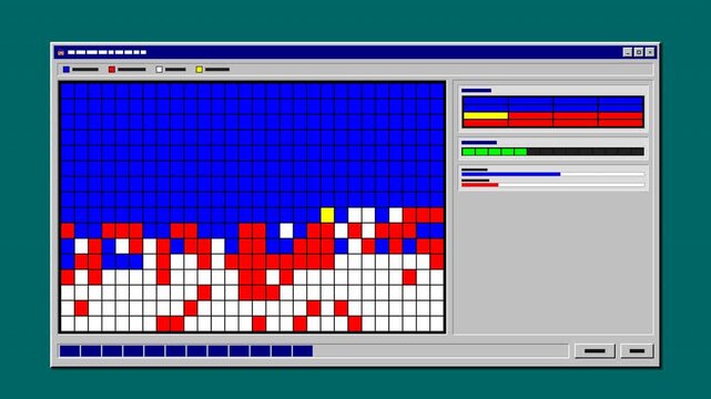 Vintage 90s computer disk defragmentation screen with animated cluster inspector, performance gauge, and block matrix in a seamless 4K loop.