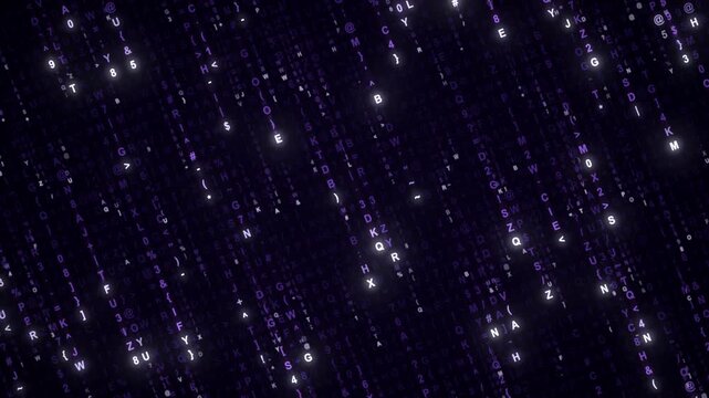 Seamless loop violet diagonal code rain characters