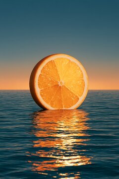 Half orange slice floating on ocean at sunset with golden reflection, teal sky, rippling water glow.