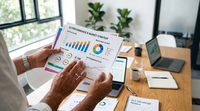 Business meeting with performance strategy charts
