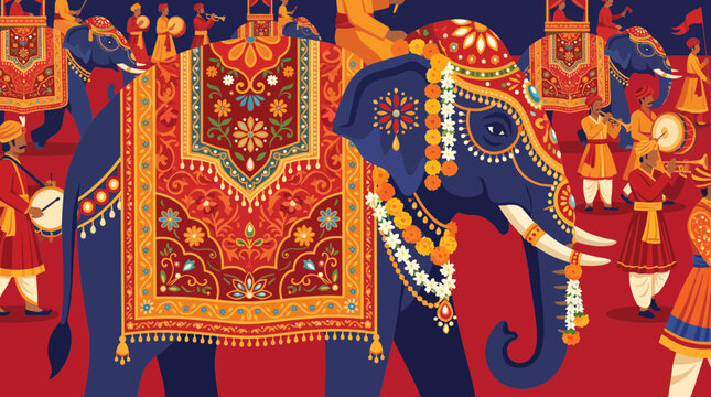 Colorful illustration of a traditional Indian elephant procession with decorative patterns and musical performers.