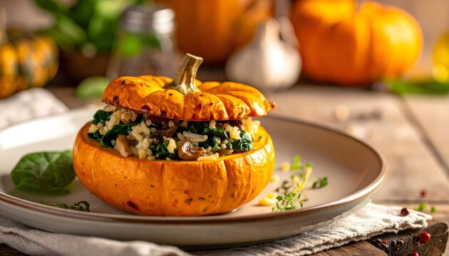 Calabaza asada rellena de verduras y hojas verdes en plato
