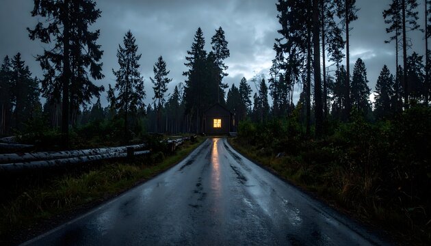 Carretera forestal mojada al anochecer con luz c&aacute;lida al fondo