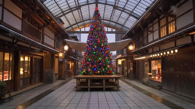 冬の夕暮れの雪降る京都町家の石畳アプローチと鮮やかに点滅する陶器鉢の和モダンツリー