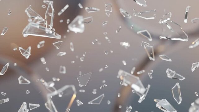 Crystal sphere shatters into fragments, abstract explosion, clear glass shards flying, dynamic motion