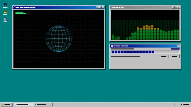 Vintage 90s desktop operating system with rotating wireframe vector model, audio spectrum visualizer, and progress dialog in a seamless 4K loop.