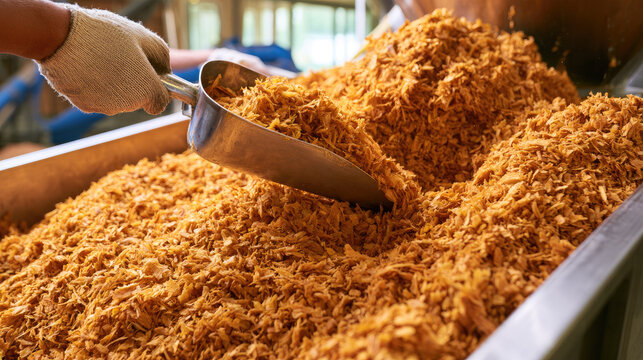 Agricultural worker using scoop to transfer golden brown apple pomace flakes into feed hopper at bright modern processing facility