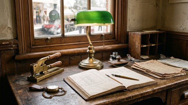 Antique green banker lamp on a historic railway office desk with ledger, brass accessories and aged wood, evoking early twentieth century travel nostalgia.