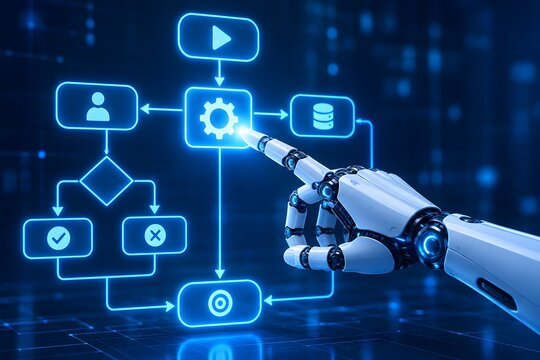Artificial Intelligence Robotic Hand Optimizing Digital Flowchart for Automation, Data Processing, and Workflow Management
