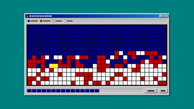 Vintage 90s operating system disk defragmentation screen with animated retro data cluster grid and stepped progress bar in seamless 4K loop.