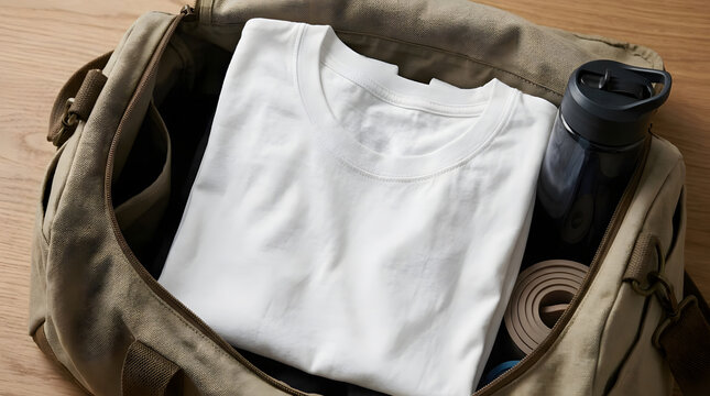 White t-shirt packed in travel duffle bag.