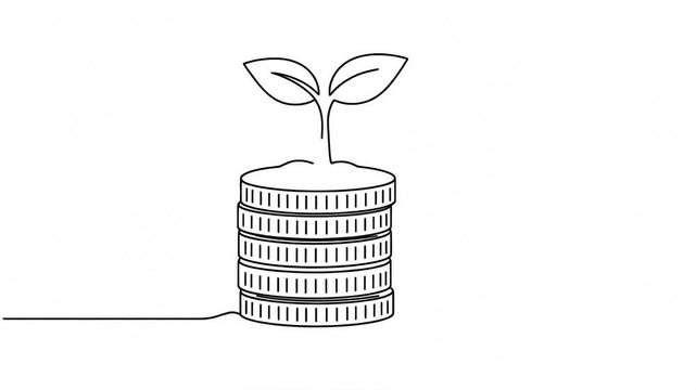 One Line Drawing Animation of Stack of Coins with Growing Plant Investment Growth