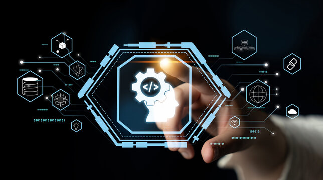 AI machine learning and software development for modern technology solutions. A concept of coding, data science, and algorithm engineering. Motif