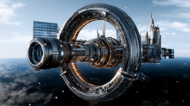 Advanced space station orbiting earth, featuring complex circular structures, solar panels, and futuristic design for research and interstellar travel concepts