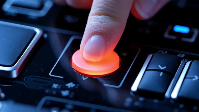 Finger pressing bright red glowing record button on electronic control panel