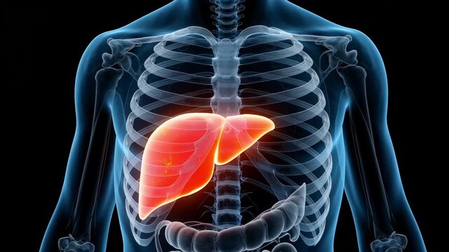 Internal organs visualization highlighting glowing red liver in male body skeleton structure
