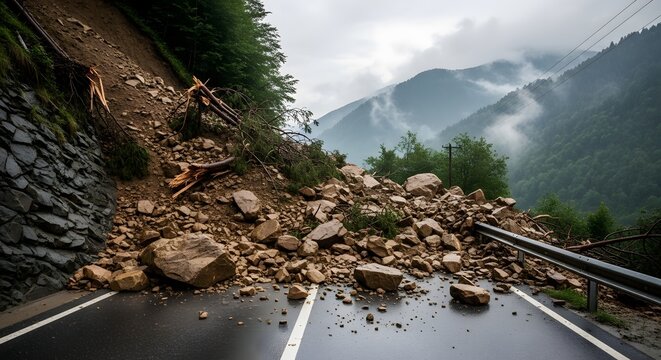 Landslide Debris Blocking a Mountain Road During Heavy Rainfall in a Rugged Forested Landscape