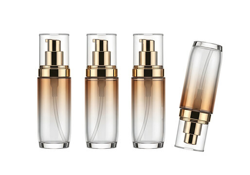 Four elegant perfume bottles lined up on a reflective surface isolated on transparent background