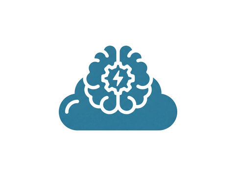 A flat blue icon featuring a brain with a gear and lightning bolt set against a cloud representing artificial intelligence and cloud computing
integration.