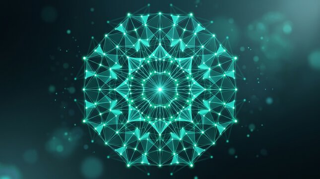Glowing green digital plexus geometric mandala shaped structure floating in dark cyberspace background
