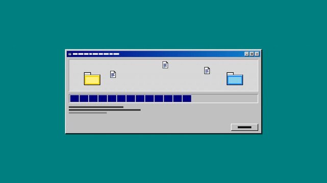 Nostalgic 90s desktop operating system loading dialog with retro chunky progress bar and pixel folder animation in a seamless 4K loop.