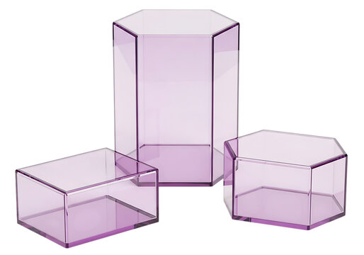 Three-dimensional geometric cubes in a layered purple gradient arrangement isolated on transparent background