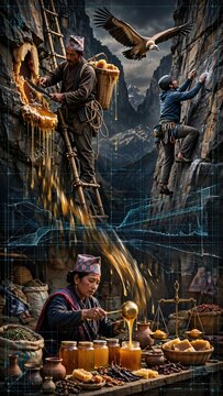 Conceptual illustration of traditional Nepalese cliff honey harvesting by local hunters and a modern rock climber, with a woman processing golden mad honey below amidst architectural blueprint lines