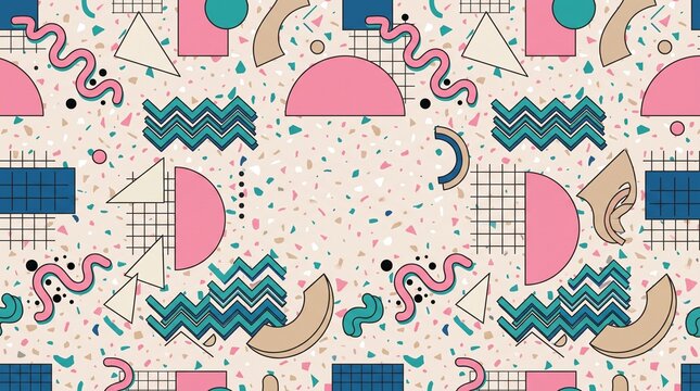 Retro memphis design pattern background featuring vibrant geometric shapes and abstract eighties style elements
